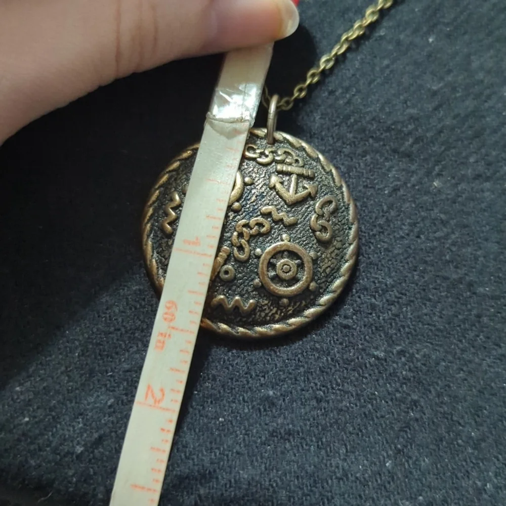 Vintage Brass Tone Round Nautical Theme Pendant Statement Necklace
